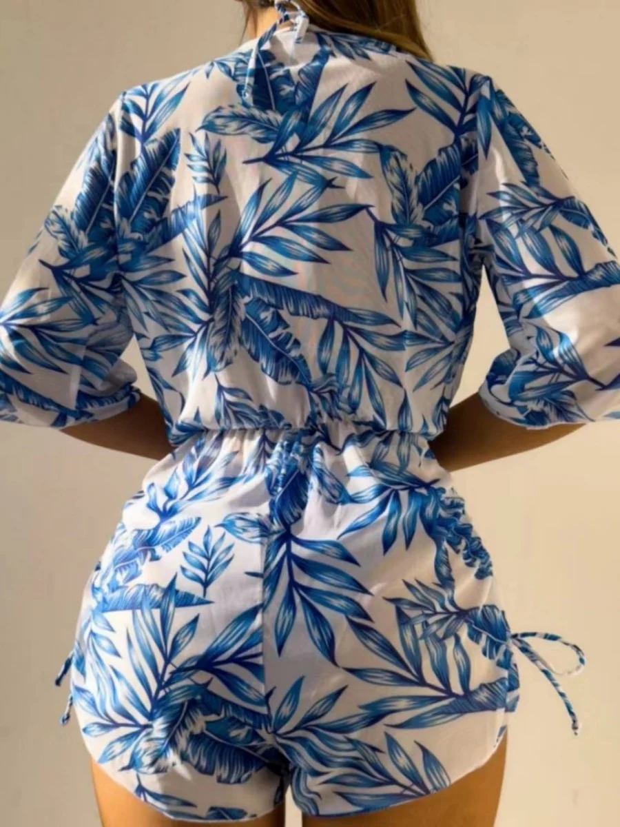 Leaf Print Waist-cinching Tie Long-sleeved Sun Protection Bikini Three-Piece Set - Image 2