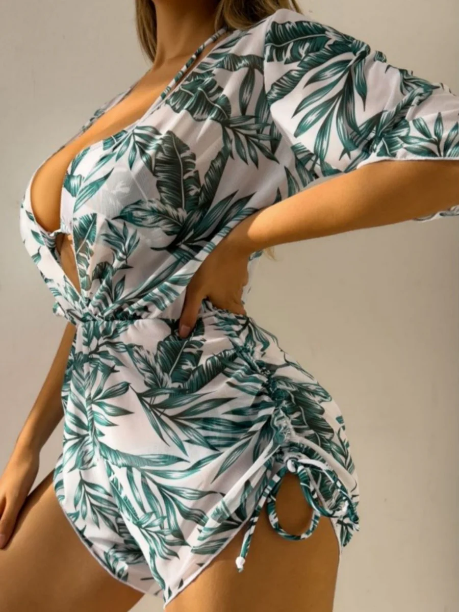 Leaf Print Waist-cinching Tie Long-sleeved Sun Protection Bikini Three-Piece Set - Image 4