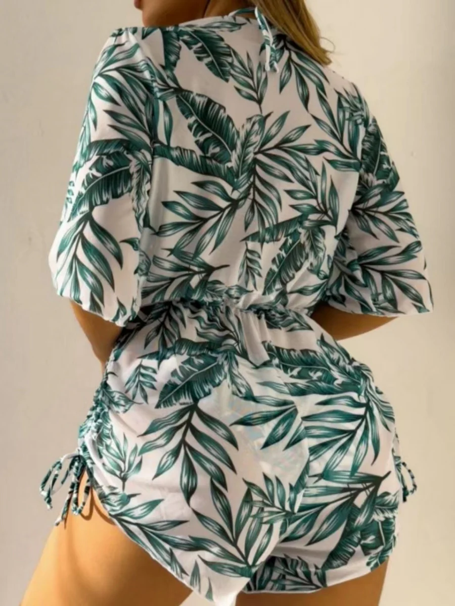 Leaf Print Waist-cinching Tie Long-sleeved Sun Protection Bikini Three-Piece Set - Image 7