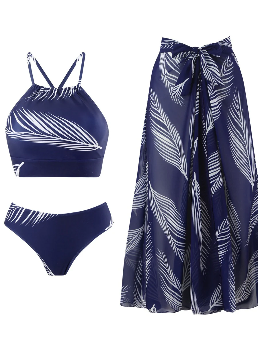 Feather Print Two-Piece Swimsuit With Sun Protection And Skirt (Three-Piece Set) - Image 10