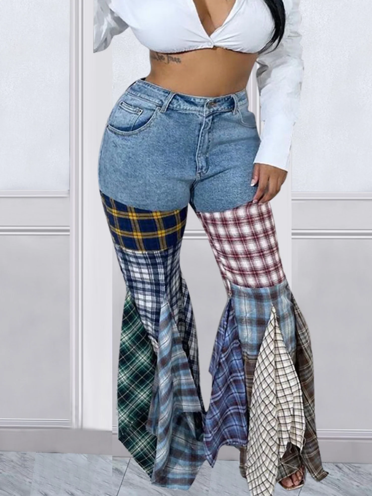 Houndstooth Pattern Flared Pants Ruffle Jeans - Image 2