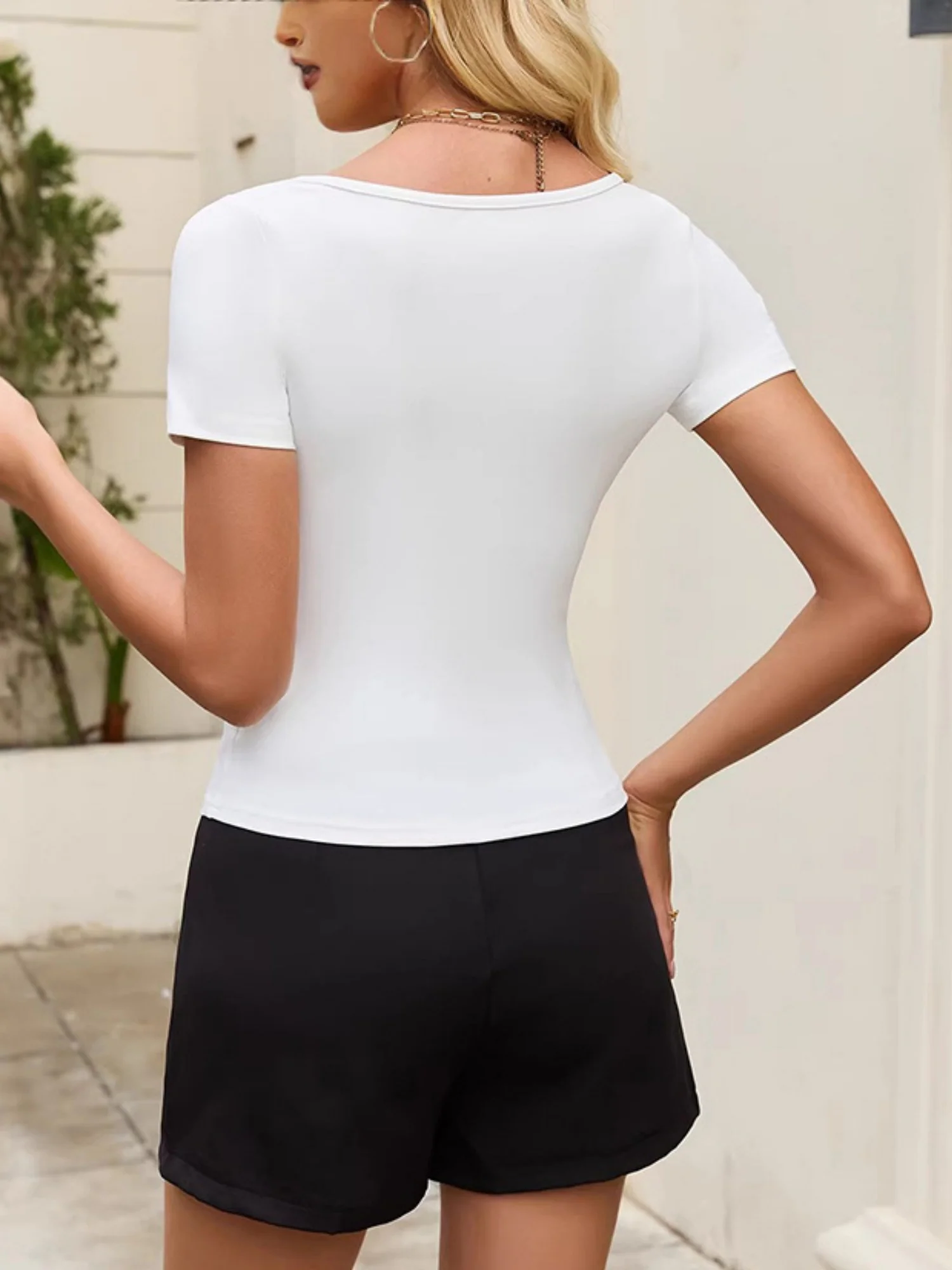 Lace Trim With Chest Cotton Bow Square Neck Short-sleeved T-shirt - Image 2