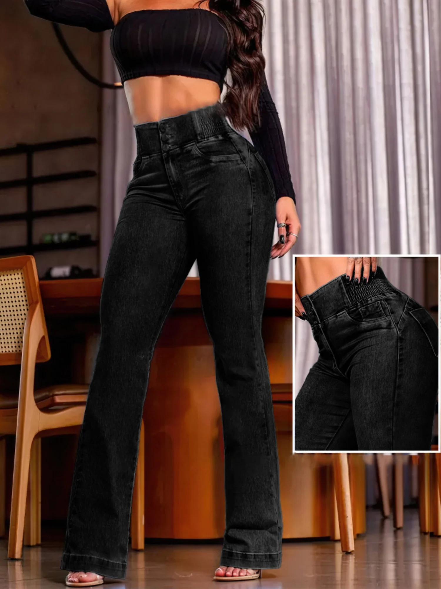 Elastic Waistband High-waisted Elastic Slim Fit Subtle Flare Pants Buttock Lift Jeans - Image 7