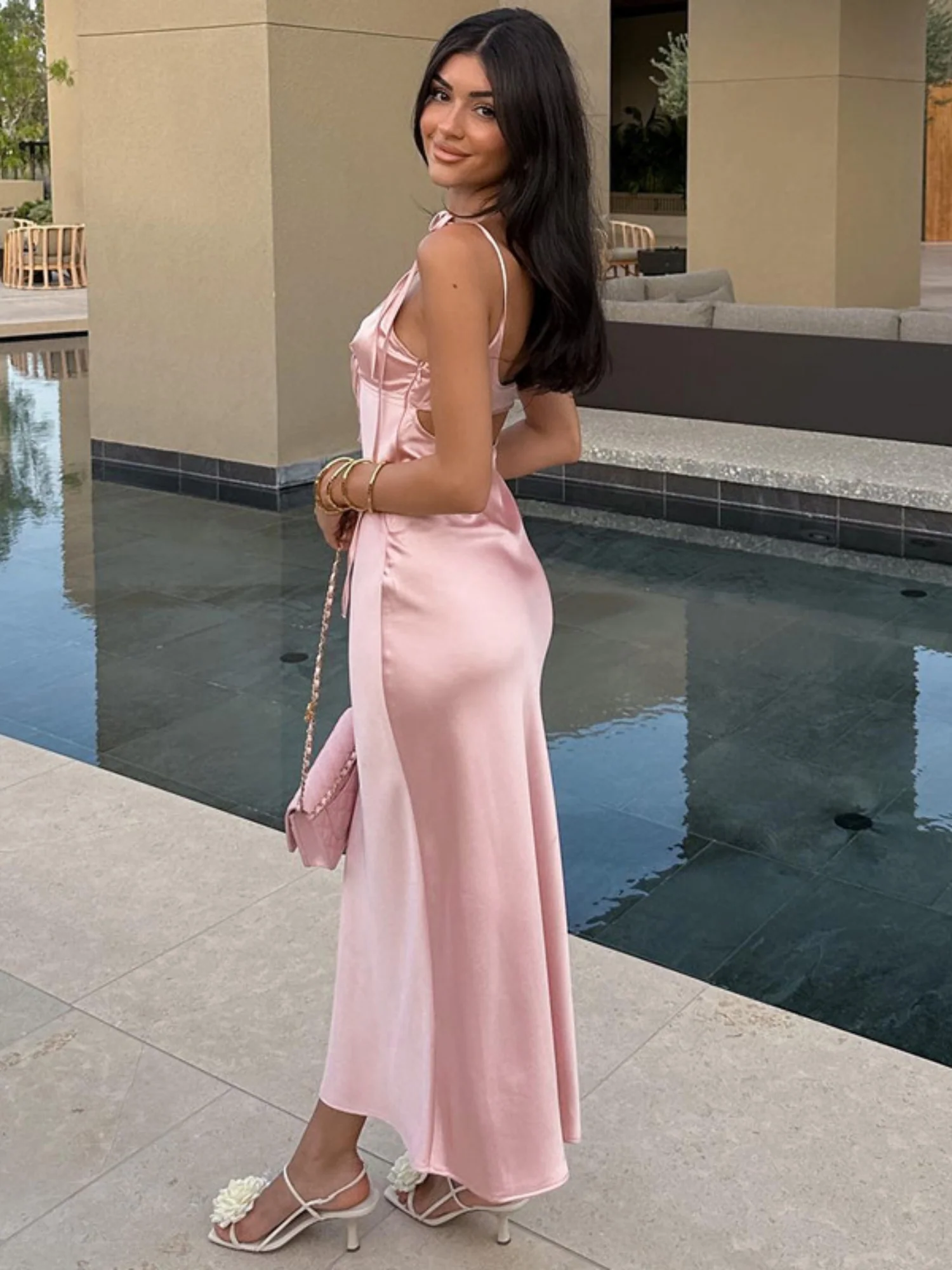 Satin Cross Straps Hollow Out V-neck Sleeveless Maxi Dresses - Image 2