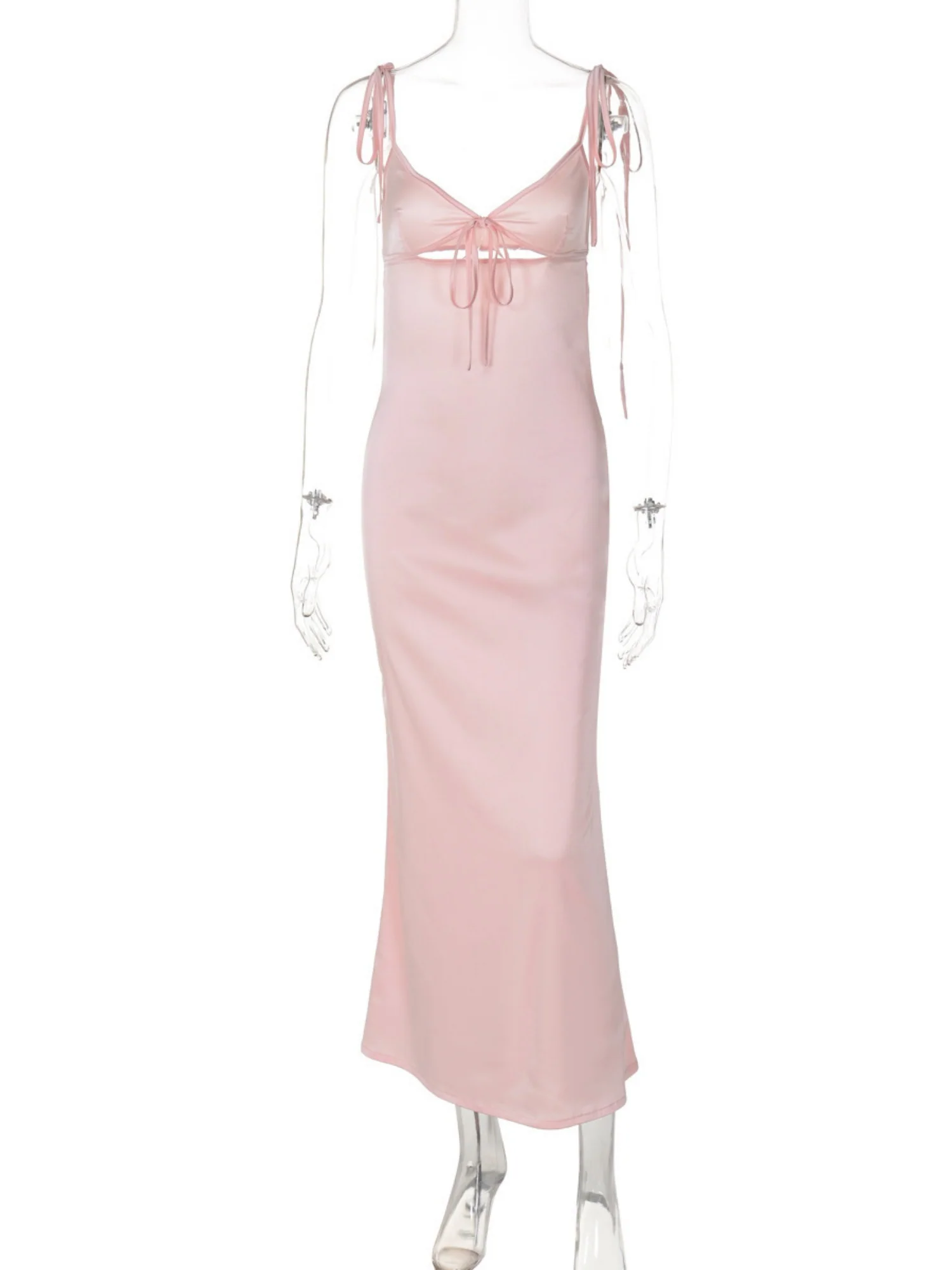 Satin Cross Straps Hollow Out V-neck Sleeveless Maxi Dresses - Image 5