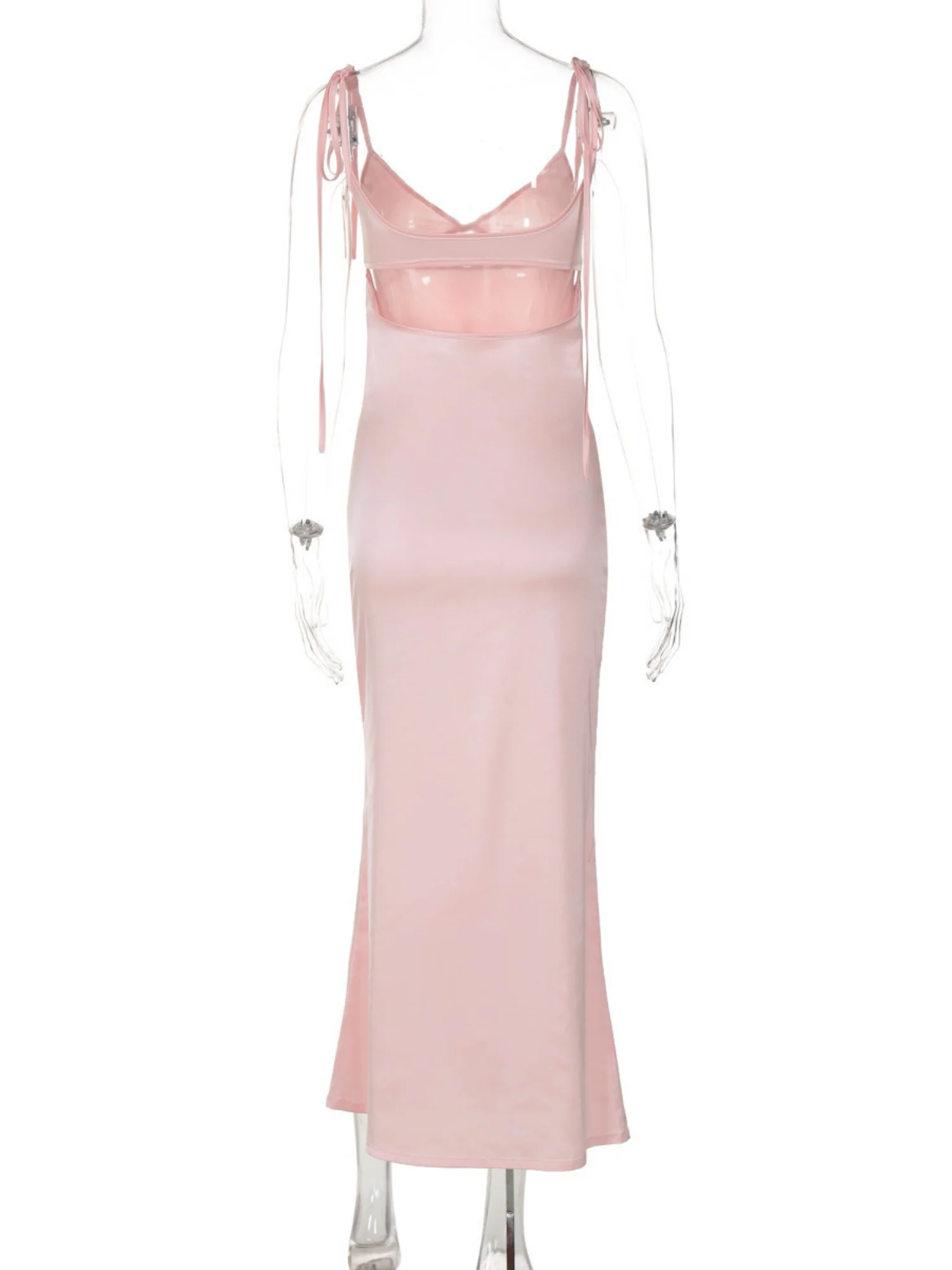Satin Cross Straps Hollow Out V-neck Sleeveless Maxi Dresses - Image 6