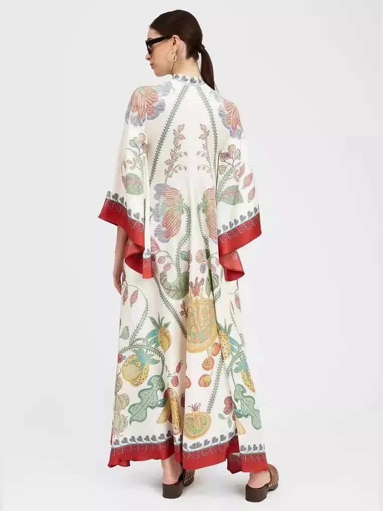 Floral Print Three-quarter Sleeve Stand Collar Long Dress - Image 2