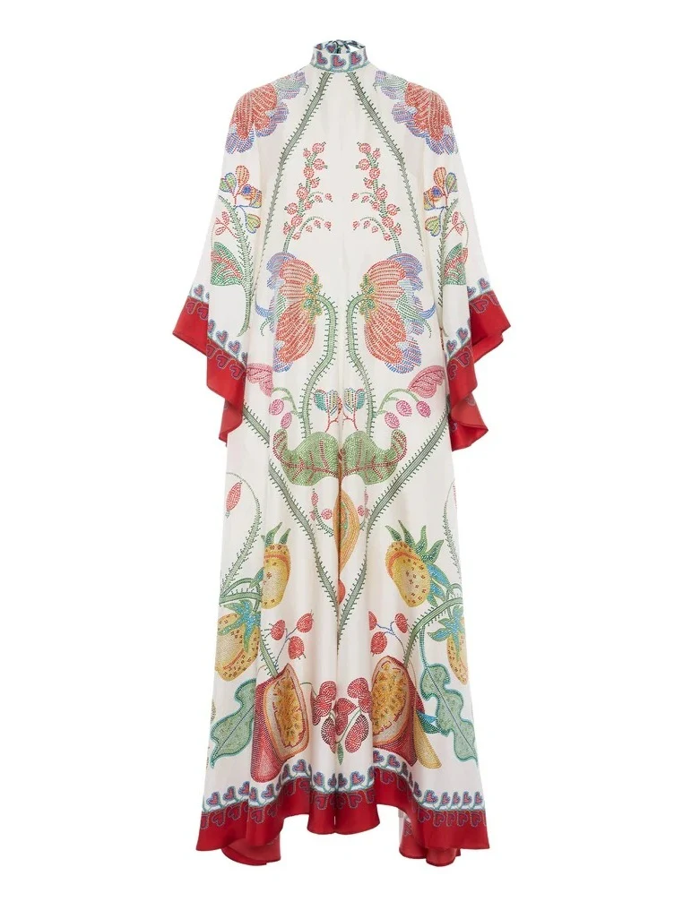 Floral Print Three-quarter Sleeve Stand Collar Long Dress - Image 3