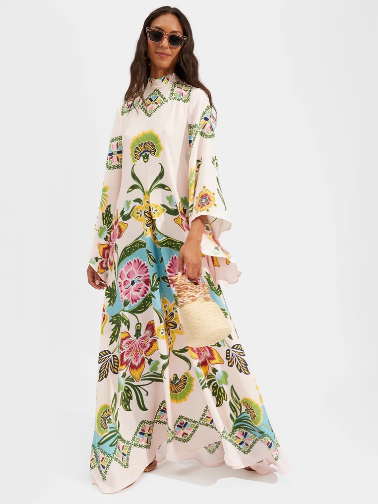 Floral Print Three-quarter Sleeve Stand Collar Long Dress - Image 5