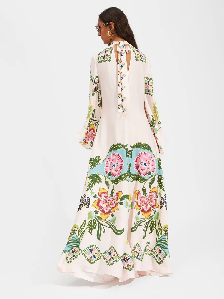 Floral Print Three-quarter Sleeve Stand Collar Long Dress - Image 6