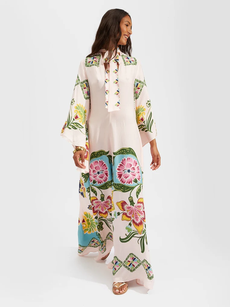 Floral Print Three-quarter Sleeve Stand Collar Long Dress - Image 7