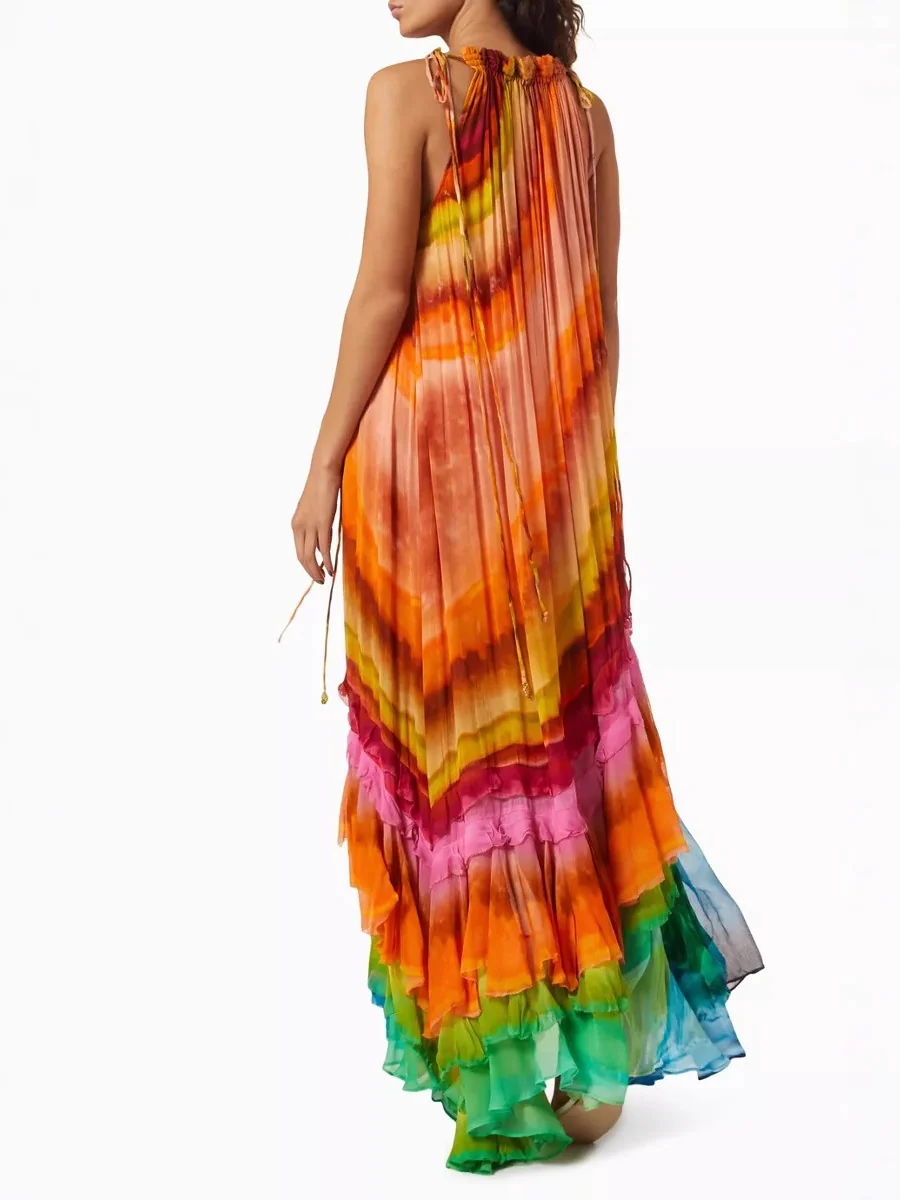 Gradient Print Sexy Off-Shoulder Puffy Long Dress - Image 2