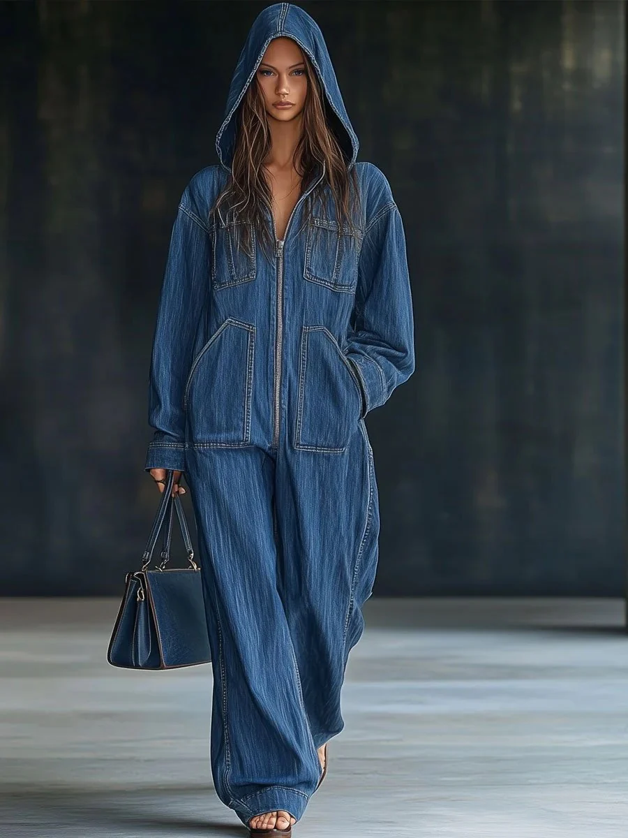 Style Zip-up Hooded Denim Jumpsuit With Large Pockets