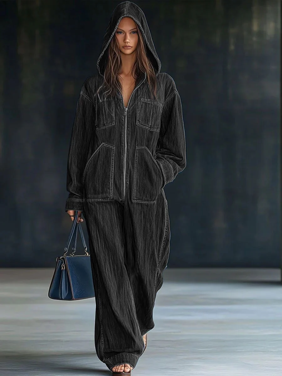 Style Zip-up Hooded Denim Jumpsuit With Large Pockets - Image 4