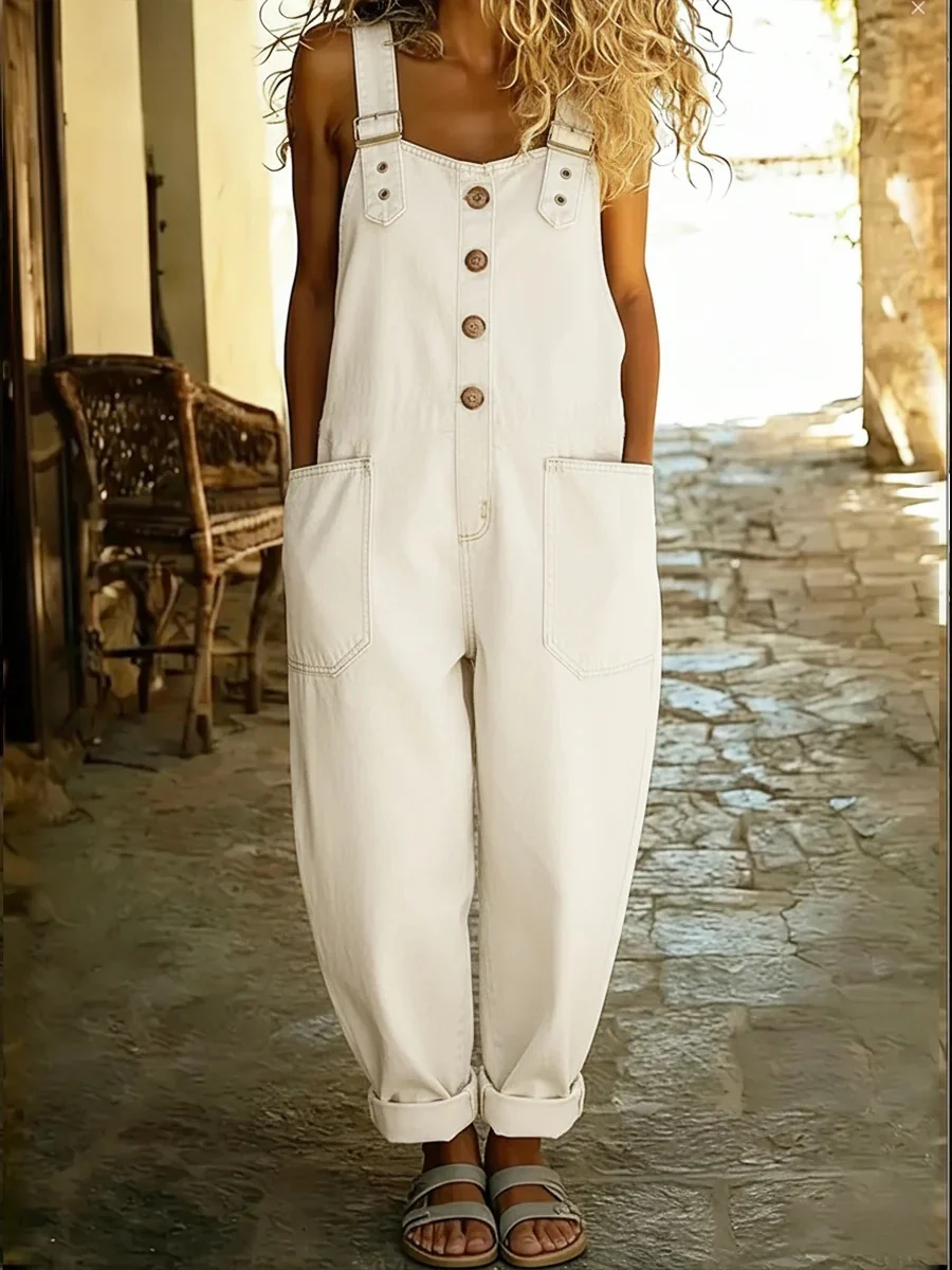 Retro Distressed Loose-fitting Adjustable Buckle Casual Denim Jumpsuit - Image 4
