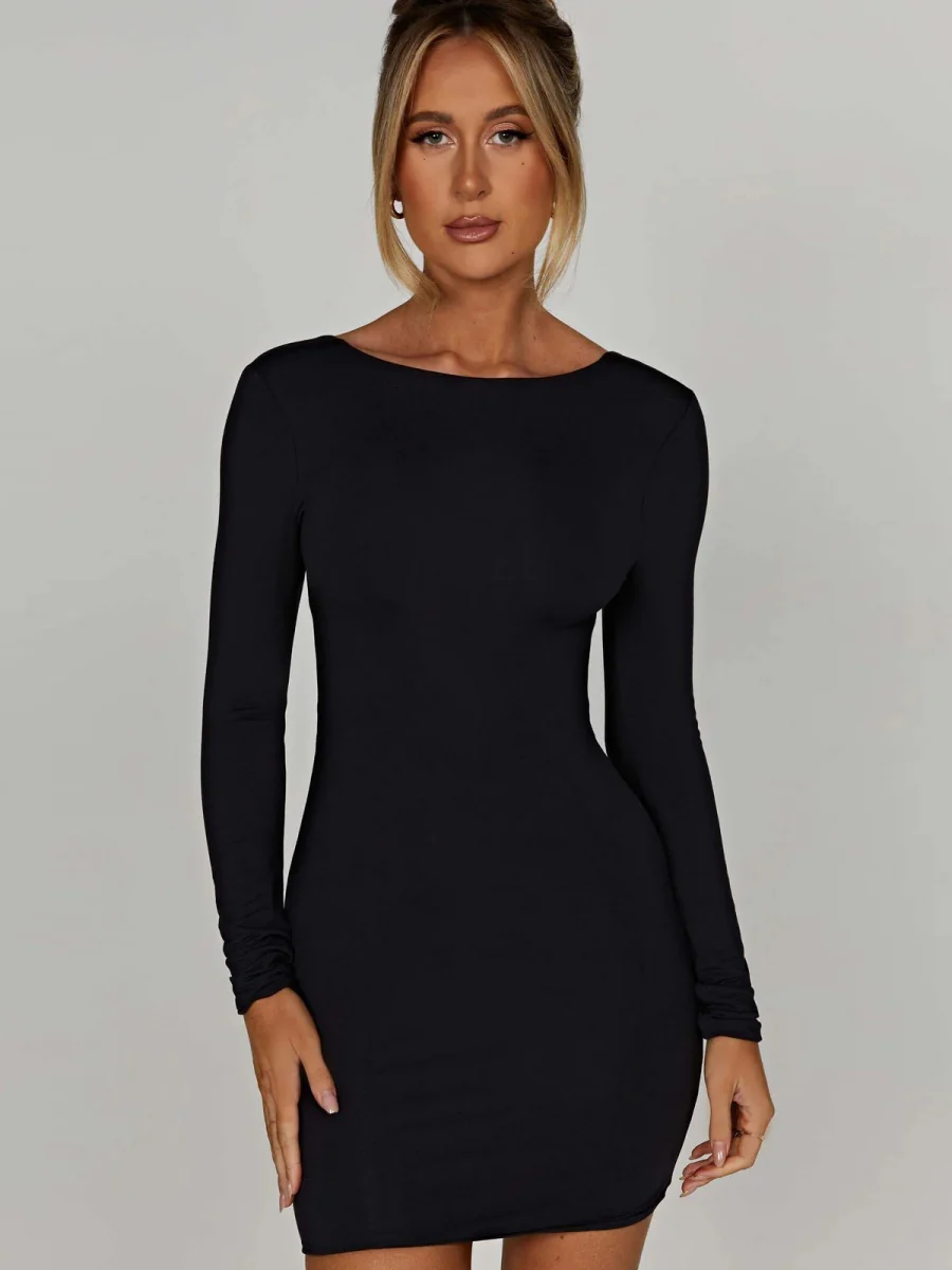 Solid Color Long-sleeved Slim-fit Top With Exposed Hips Mini&Short Dresses - Image 4