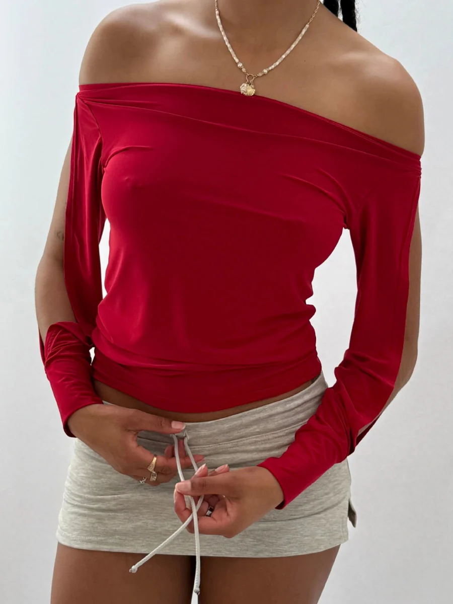 Long-sleeved Off-shoulder Pullover T-shirt - Image 2