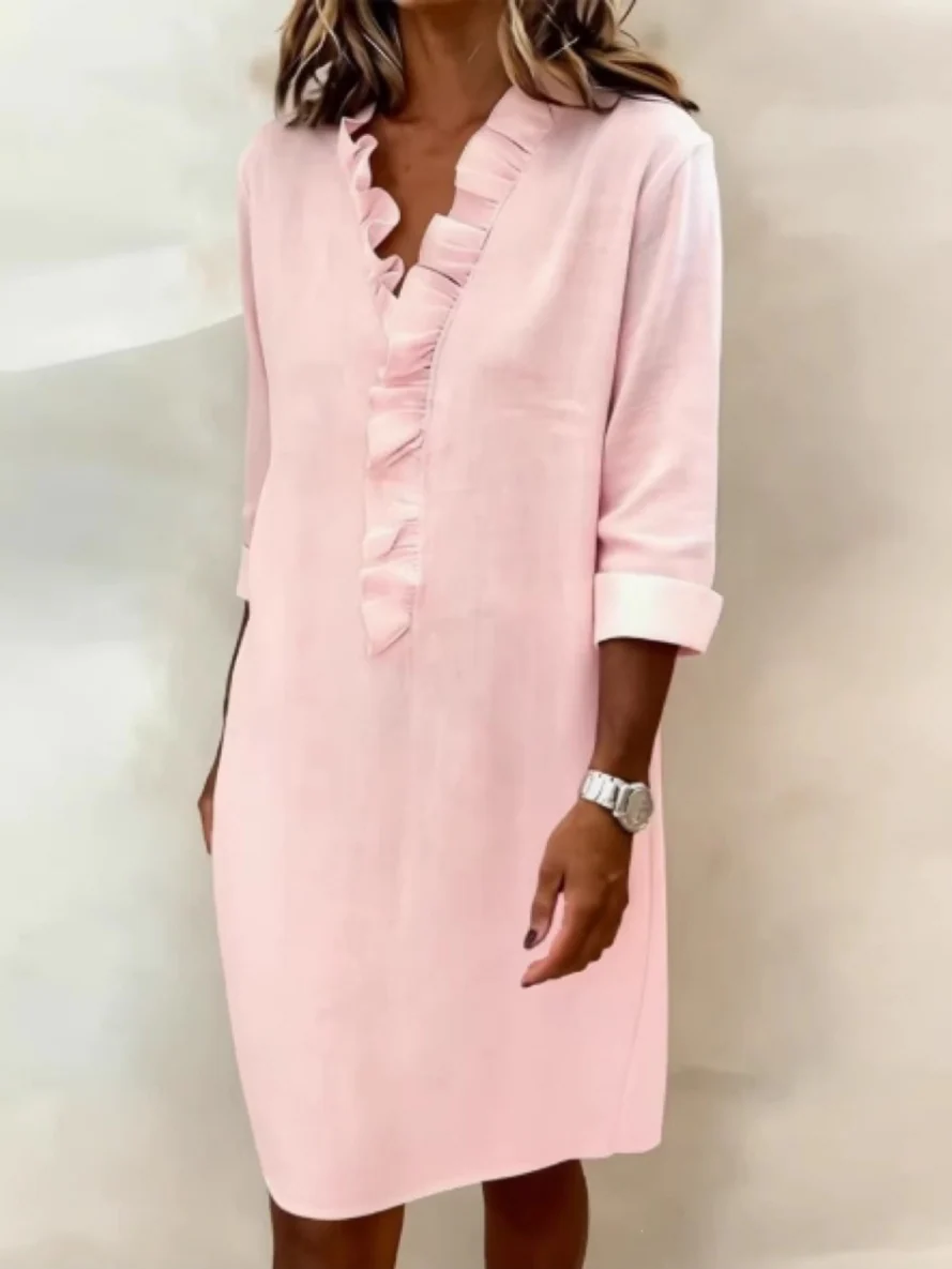 Ruffled Trim Long-sleeved Cotton-linen Short Dress - Image 2