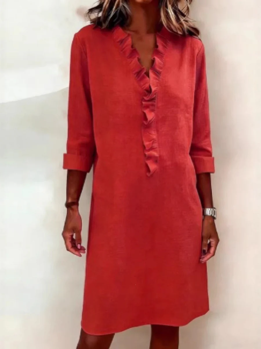 Ruffled Trim Long-sleeved Cotton-linen Short Dress - Image 3