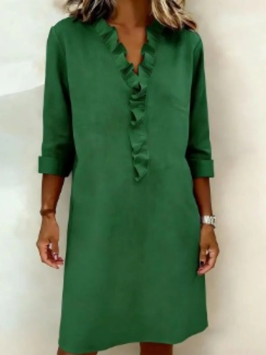 Ruffled Trim Long-sleeved Cotton-linen Short Dress - Image 4