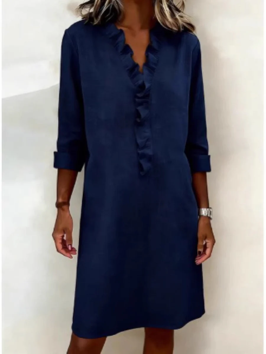 Ruffled Trim Long-sleeved Cotton-linen Short Dress - Image 5
