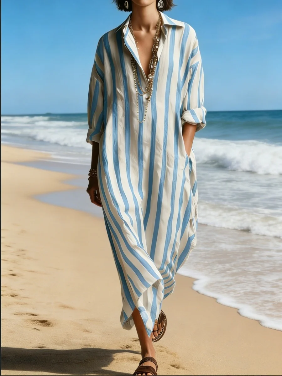 V-neck, Loose Fit, Three-quarter Sleeves Striped Long Dress - Image 5