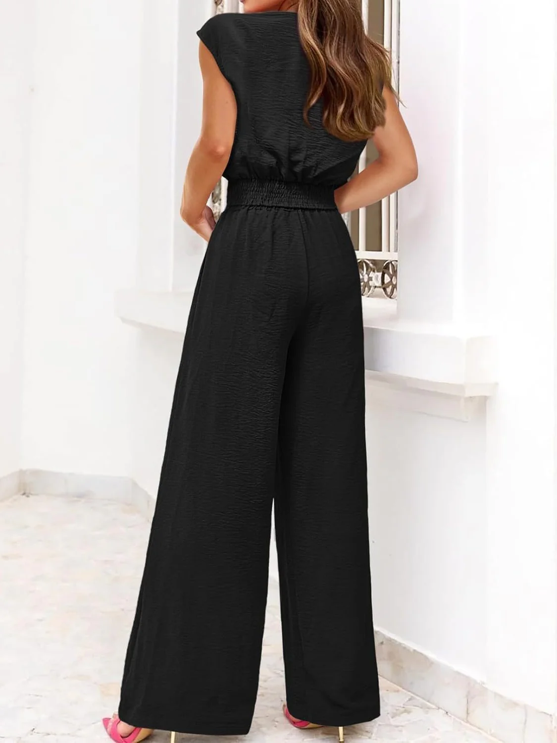 V-neck Tie-up Cropped Wide-leg Pants Two-piece Set - Image 2