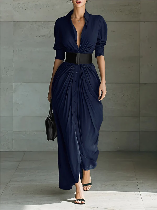 Long Collared Button-down Shirt Dress With Belt - Image 6