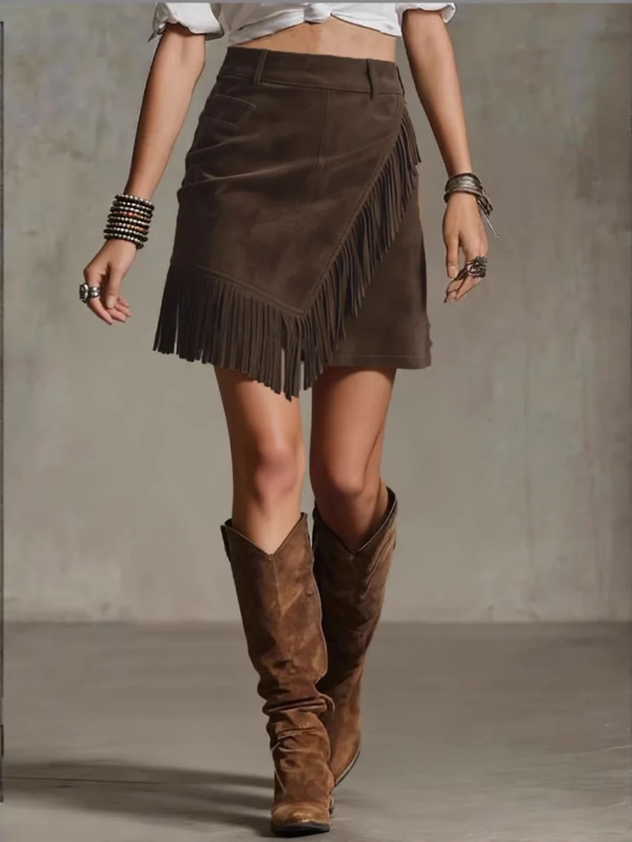 Temperament Grace Commuting Suede Tassel Skirts - Image 5