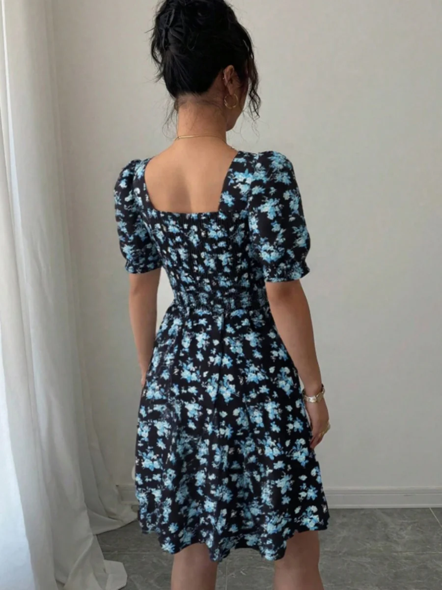 Floral Print Puff Sleeve Bow Tie Short Dress - Image 2