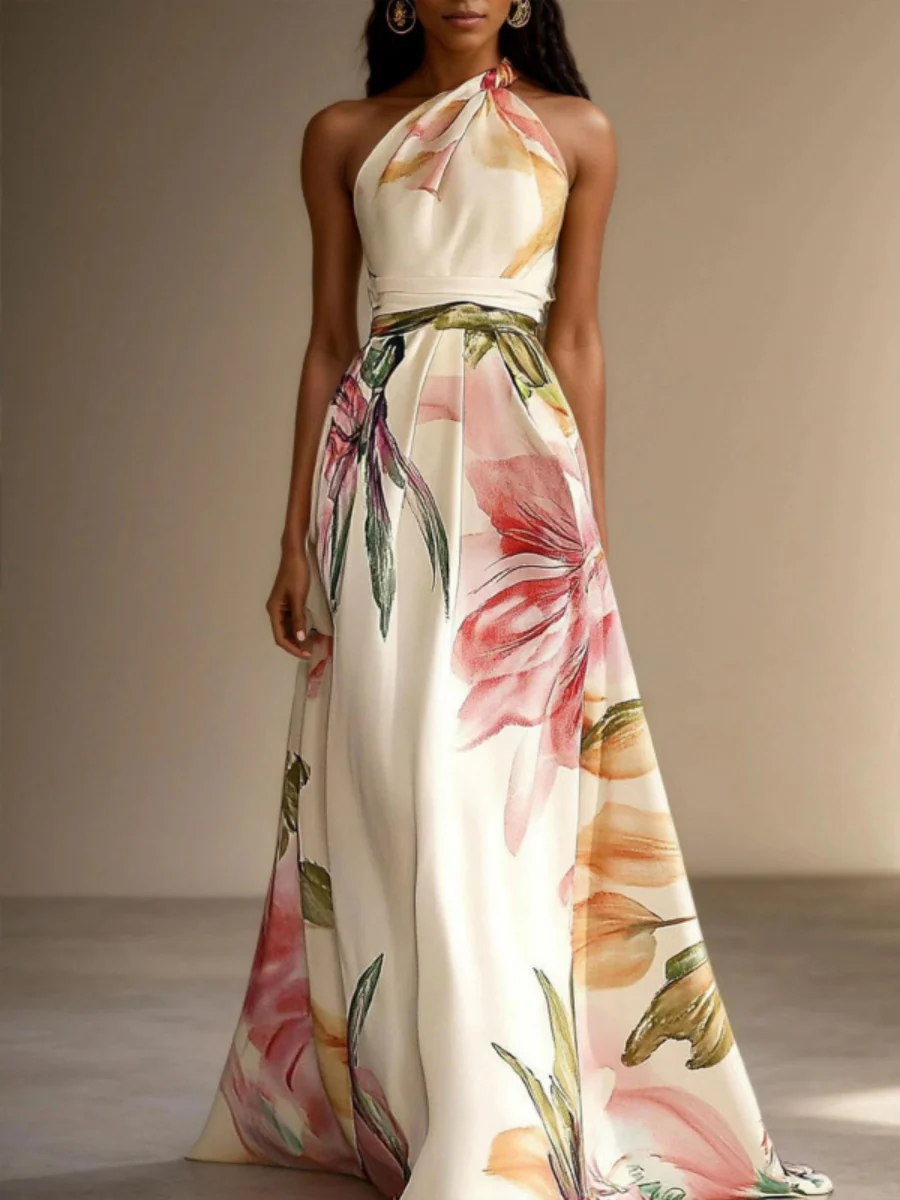 One-shoulder Floral Print Party Vacation Long Dress