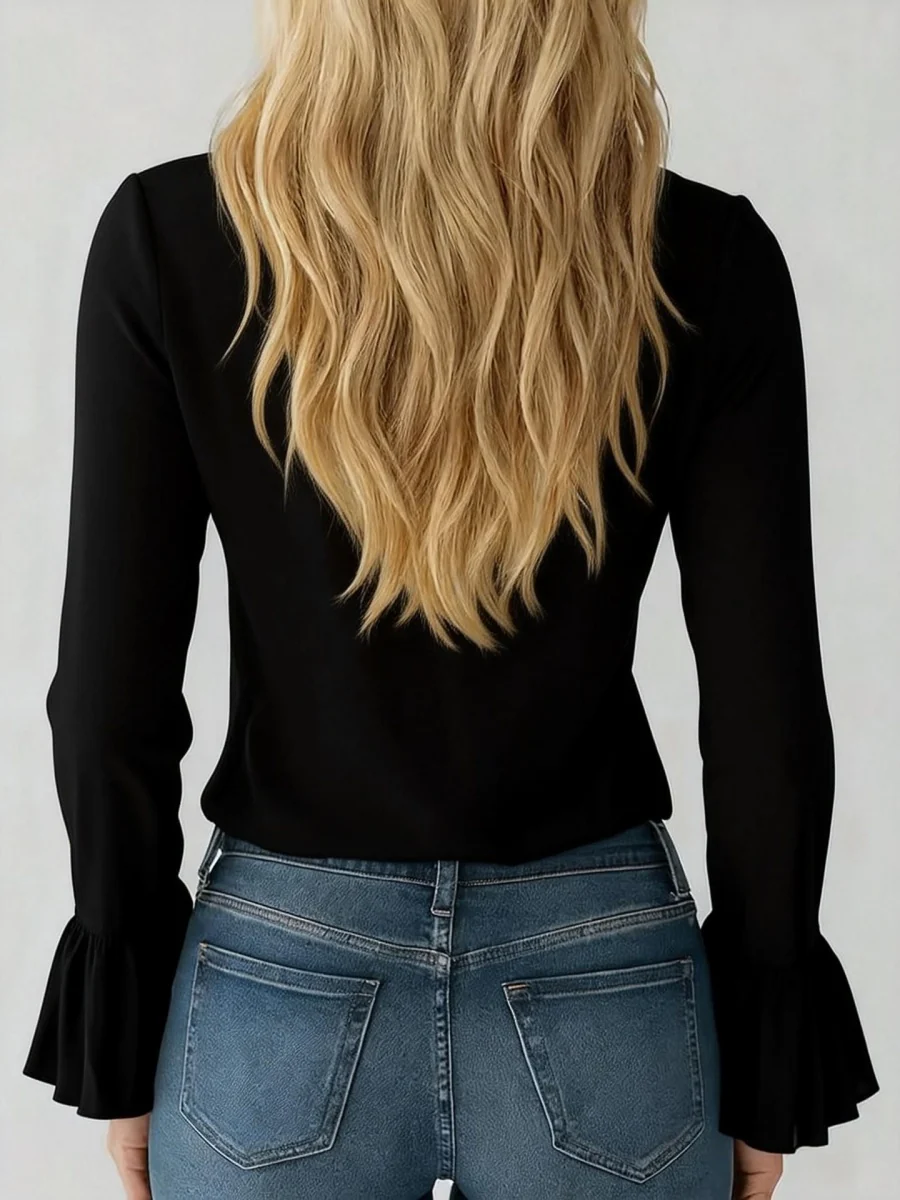 V-neck French Ruffle Puff Sleeve Chiffon Blouse - Image 5