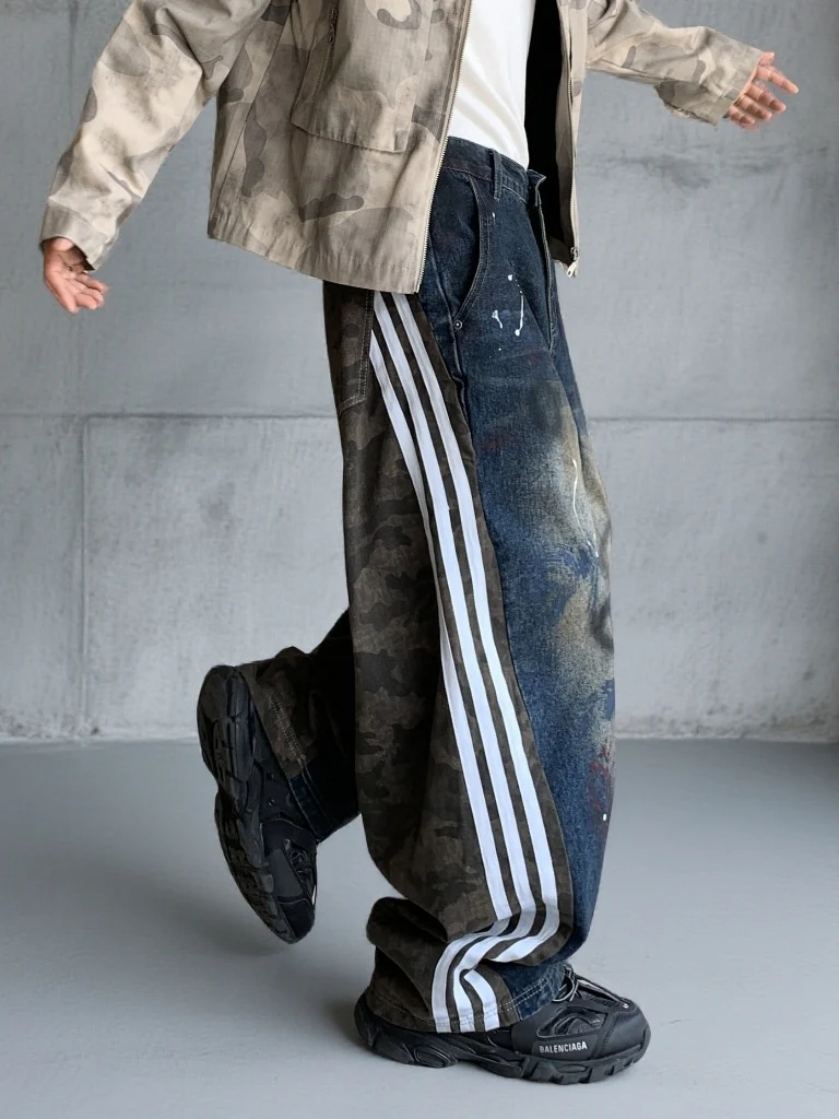 Patchwork Vertical Stripes Camouflage Washed Machete Jeans