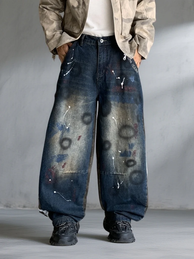 Patchwork Vertical Stripes Camouflage Washed Machete Jeans - Image 3