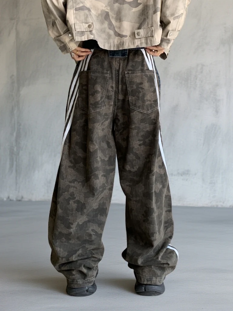 Patchwork Vertical Stripes Camouflage Washed Machete Jeans - Image 4
