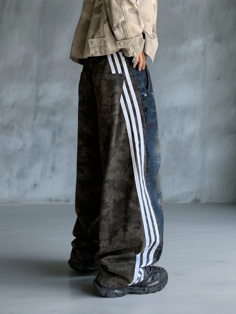 Patchwork Vertical Stripes Camouflage Washed Machete Jeans - Image 5