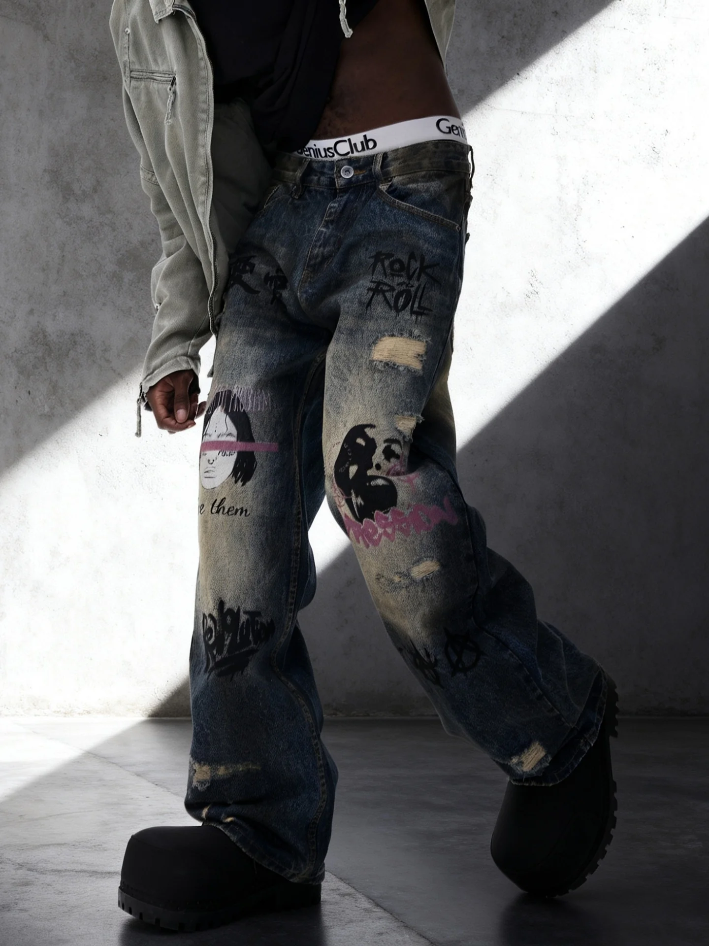 Face Graffiti Loose-fit Distressed Washed Fake Hole Jeans - Image 3