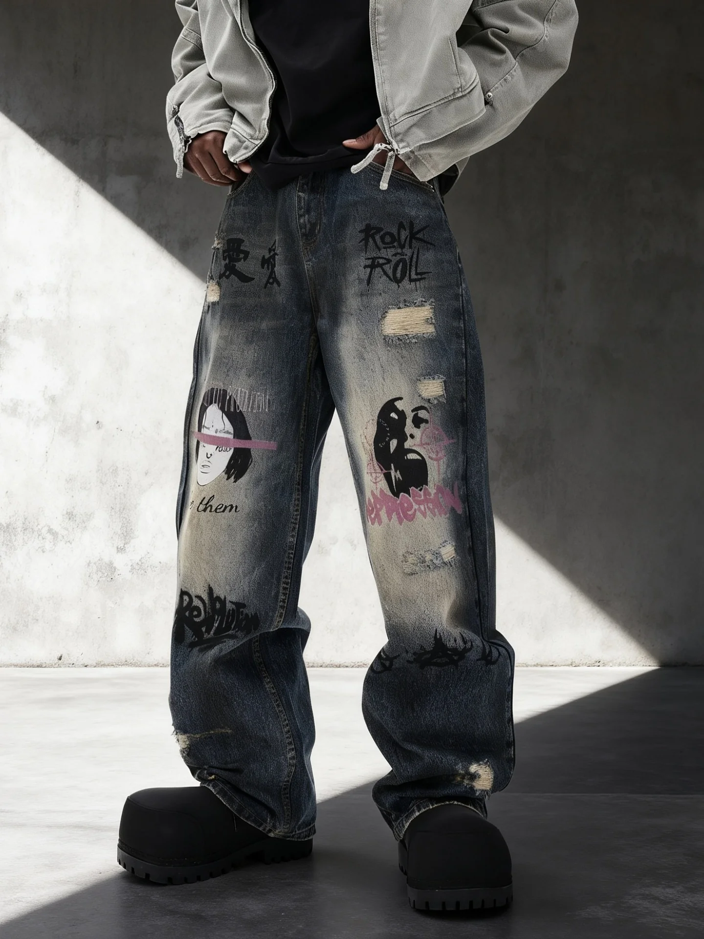 Face Graffiti Loose-fit Distressed Washed Fake Hole Jeans - Image 4