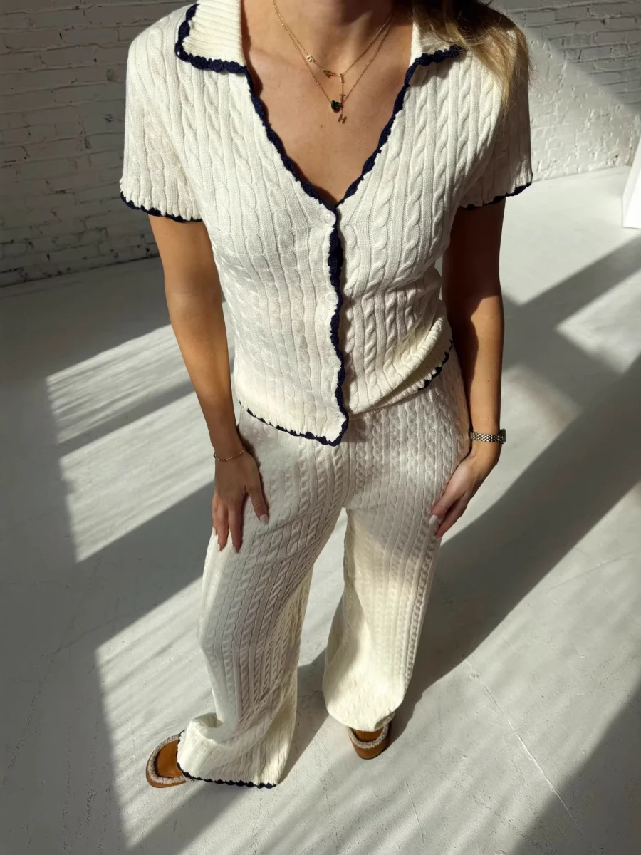 Contrasting Edges Hollow Short Sleeve Cardigan Pants Crochet Set 2-piece Sets - Image 3
