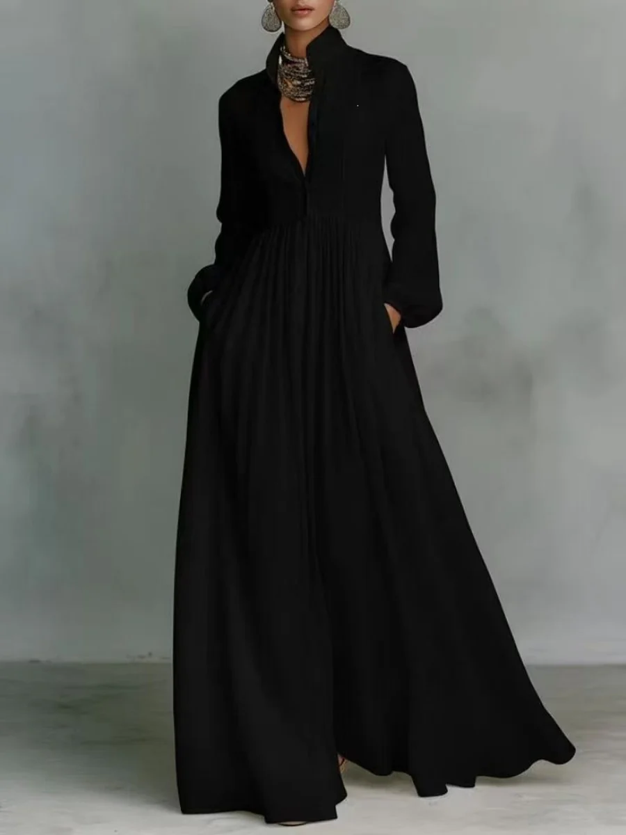 Long Sleeve Shirts Lapel Elegant Loose-fit Maxi Dresses - Image 4