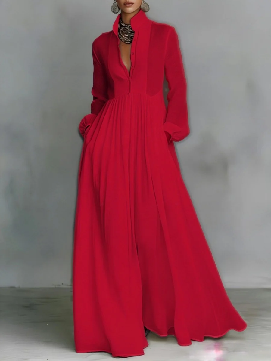 Long Sleeve Shirts Lapel Elegant Loose-fit Maxi Dresses - Image 6