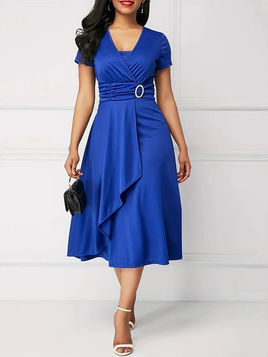 Grace Asymmetrical Knitting Large Skirt V-neck Midi Dresses