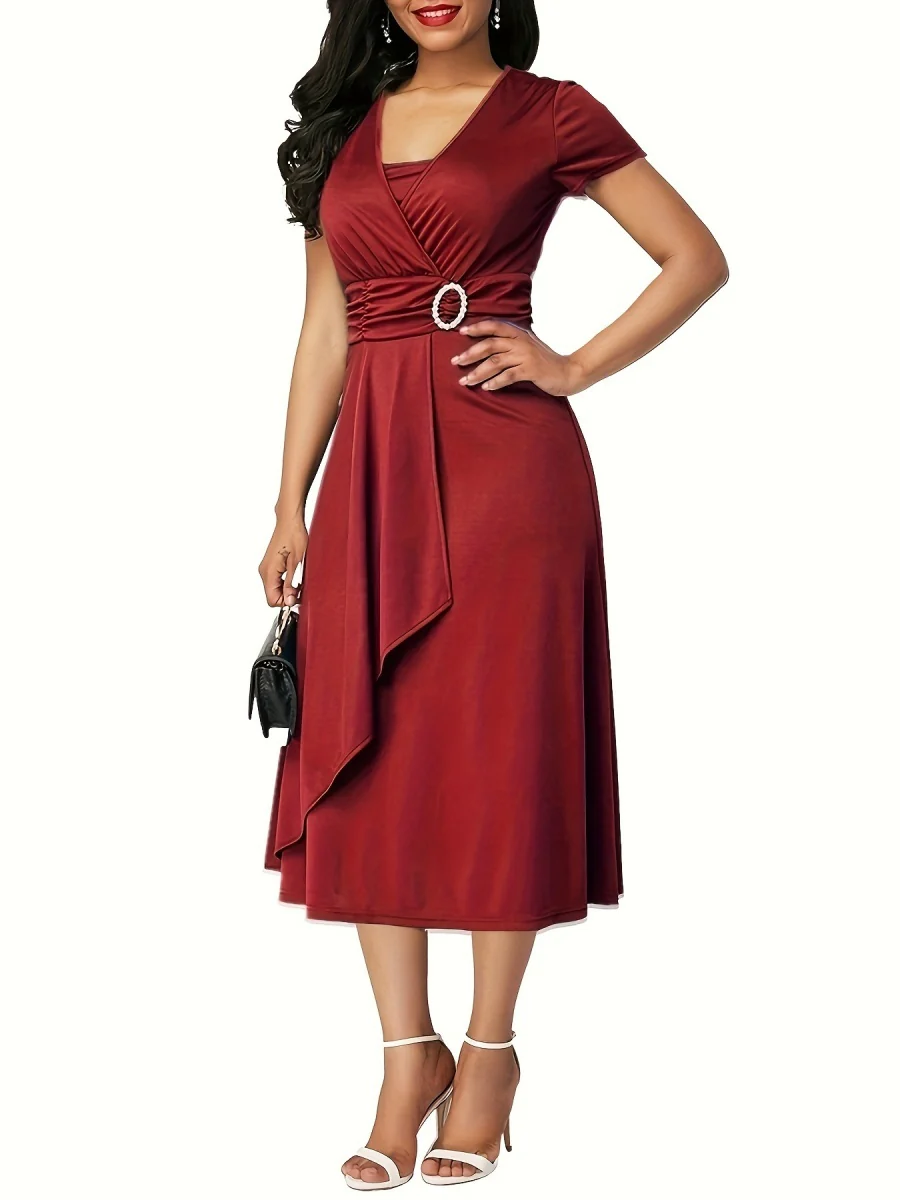 Grace Asymmetrical Knitting Large Skirt V-neck Midi Dresses - Image 10
