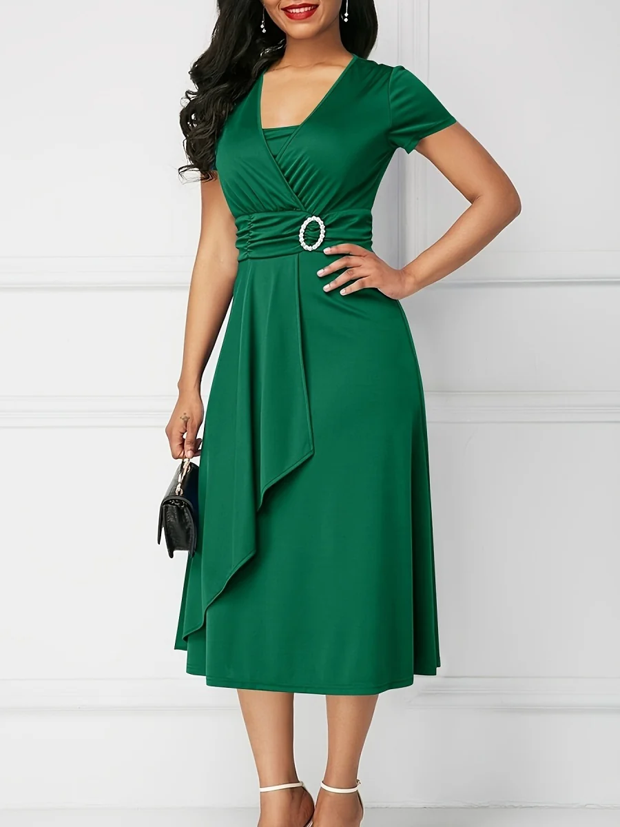 Grace Asymmetrical Knitting Large Skirt V-neck Midi Dresses - Image 7