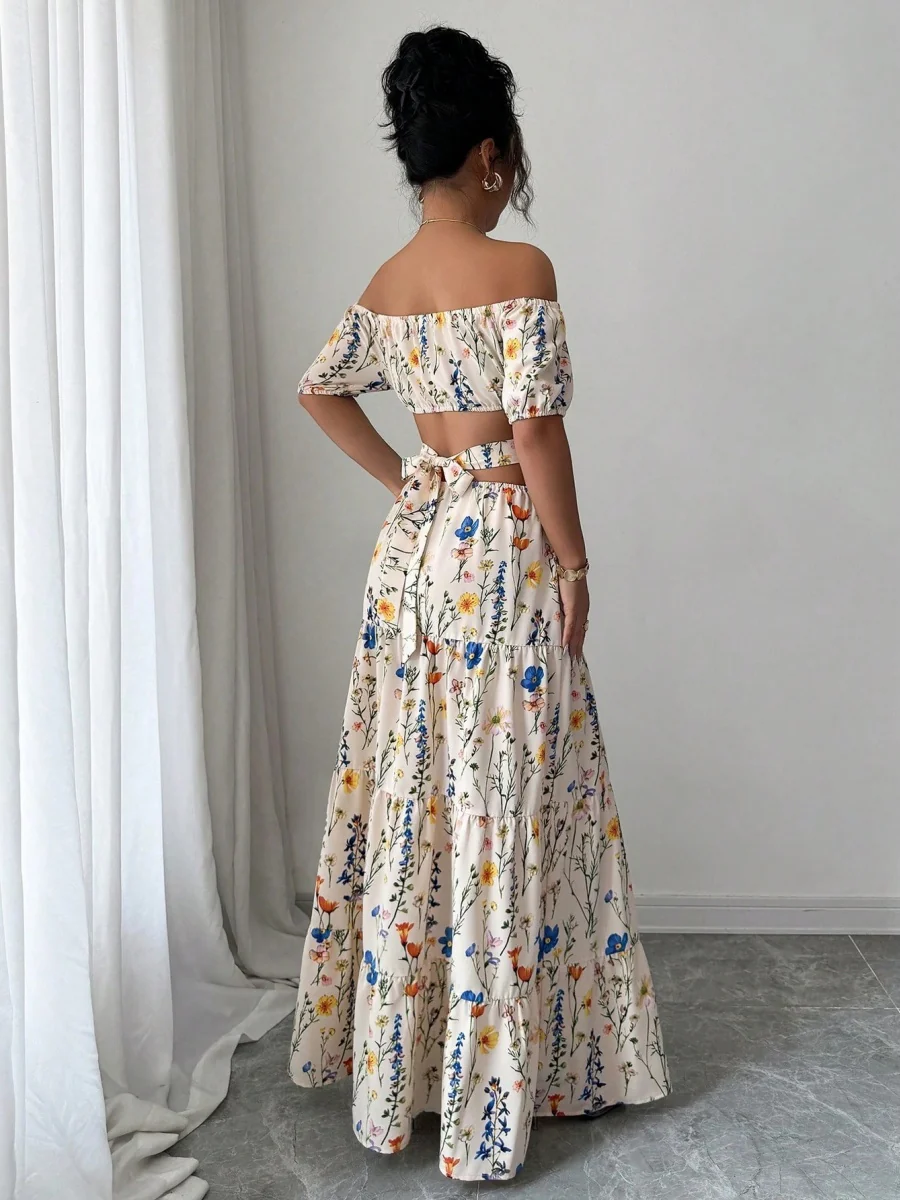 Floral Print Backless And Off-shoulder Long Dress - Image 2