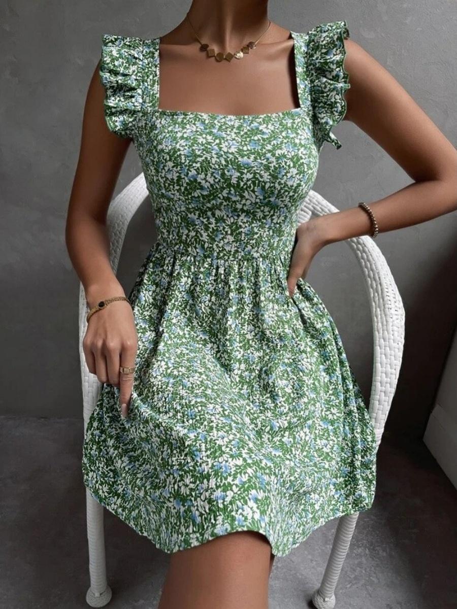 Ruffled Square Neckline, Lotus Leaf Shoulders, Bow-tie, Full Skirt, Floral Print Short Dress - Image 4