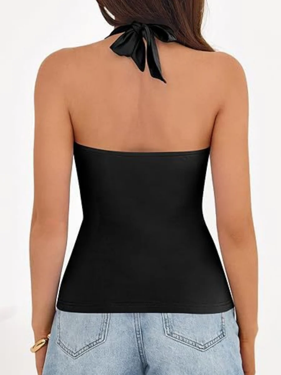 V-neck Halter Sleeveless Cross Metal Decoration Backless Jacket Camisoles Tank Tops - Image 4