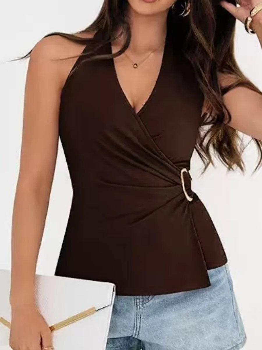 V-neck Halter Sleeveless Cross Metal Decoration Backless Jacket Camisoles Tank Tops - Image 8