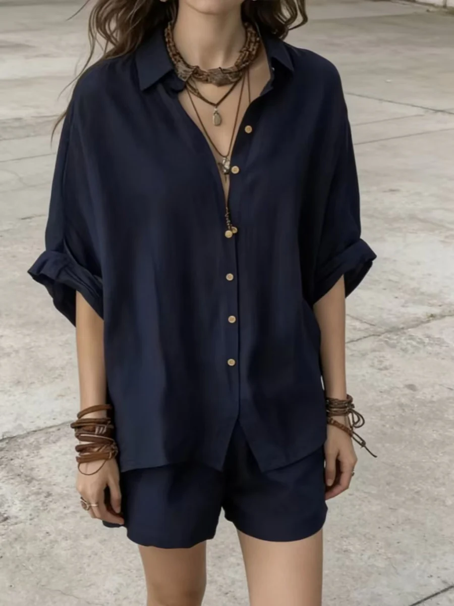 Blended Loose-fit Mid-length Sleeves Shirts Shorts Set 2-piece Sets - Image 2