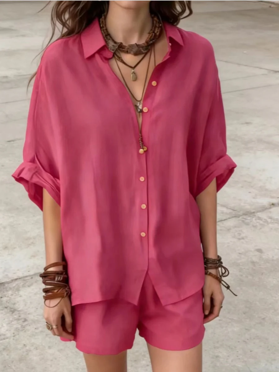 Blended Loose-fit Mid-length Sleeves Shirts Shorts Set 2-piece Sets - Image 3